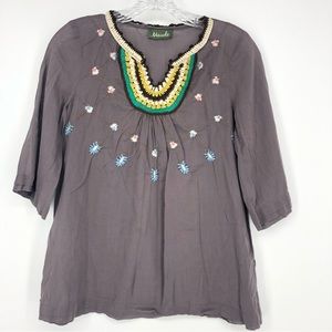 Maude Anthropologie Crochet & Embroidered Cotton Brown Blouse Size Small